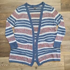 Eddie Bauer Cardigan Sweater Womens L Striped Boyfriend SW Pointelle Open Knit